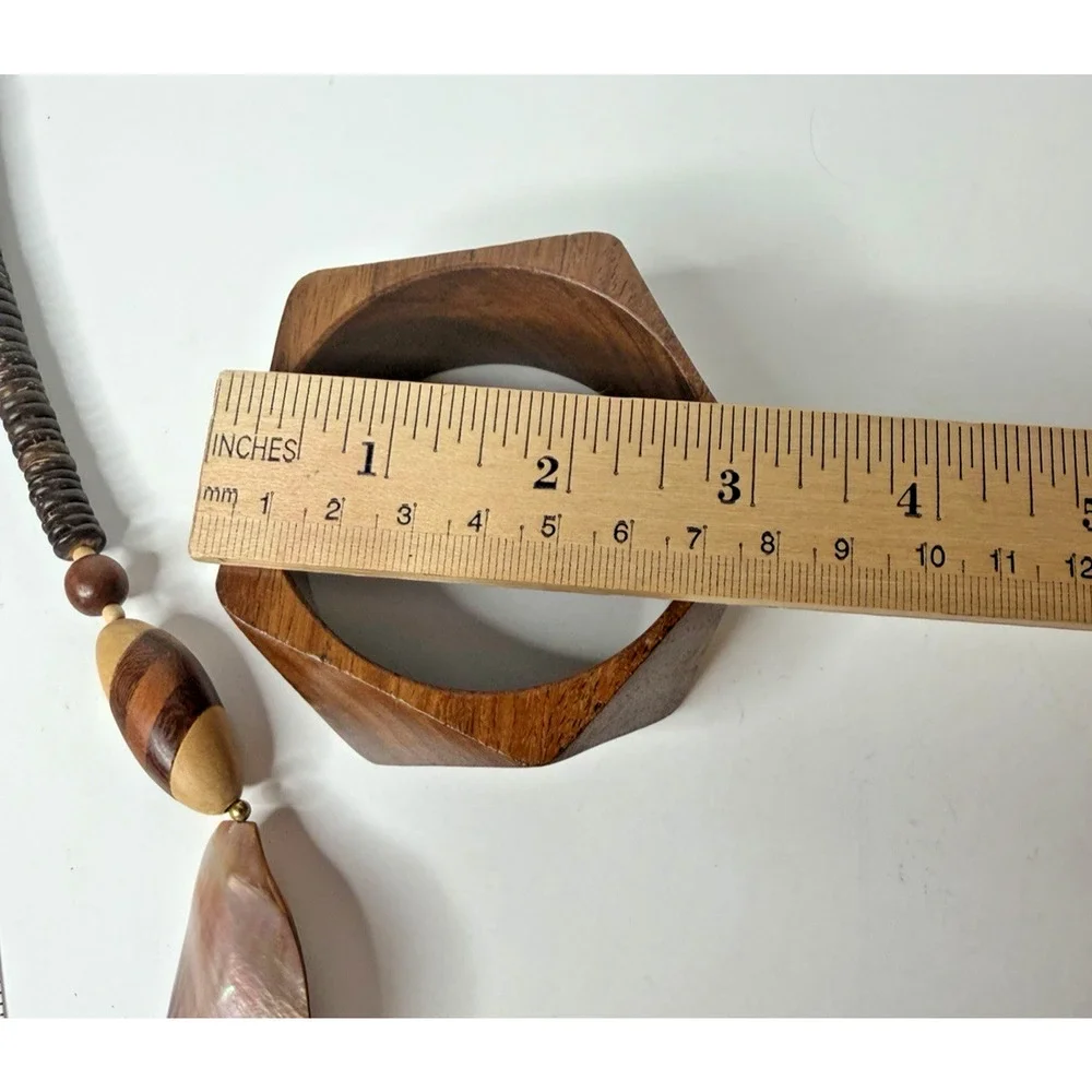 Wood Jewelry Lot Statement Necklace Geometric Bangle Boho Tribal Artisan Shell